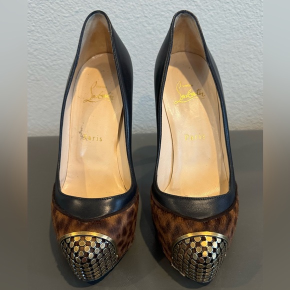 Christian Louboutin Black Maggie 140mm Leopard Pony Hair Heels Pumps 37.5 Gold - Picture 2 of 10